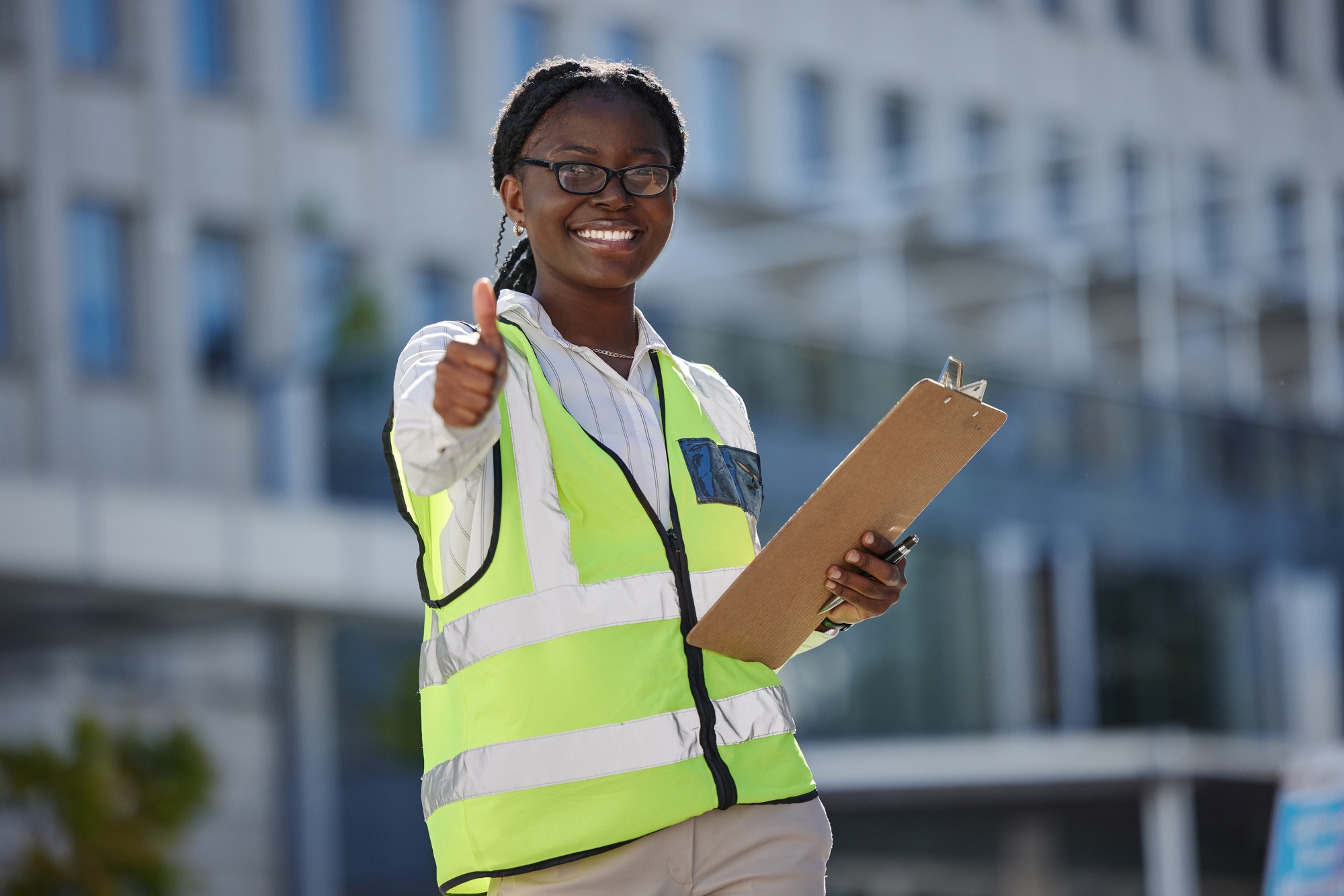 Thumbs up, success and motivation by health and safety construction worker thank you for support of